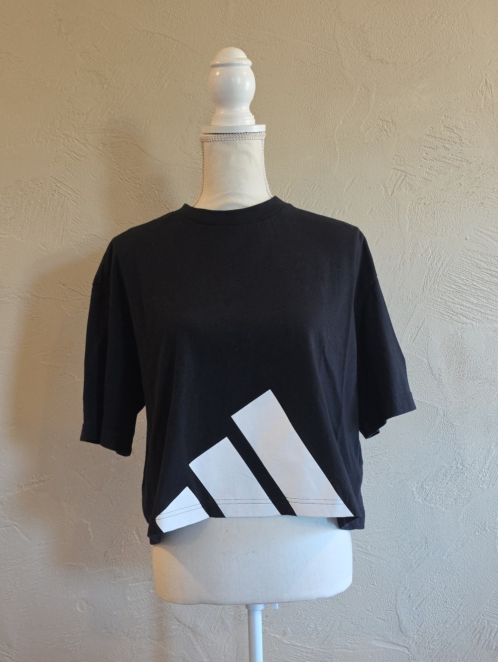 Black Graphic Crop Tee with White Adidas Detail
